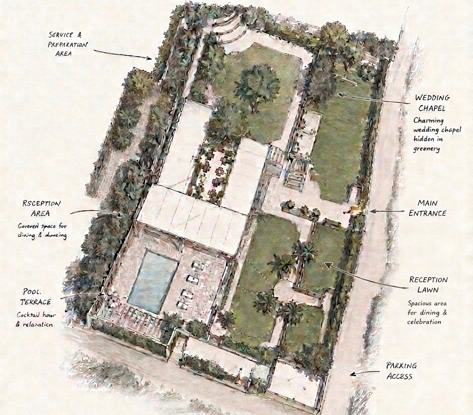 Illustrated aerial plan of Lagonissi Falls showing the wedding chapel, reception lawn, covered reception area, pool terrace, main entrance and parking access
