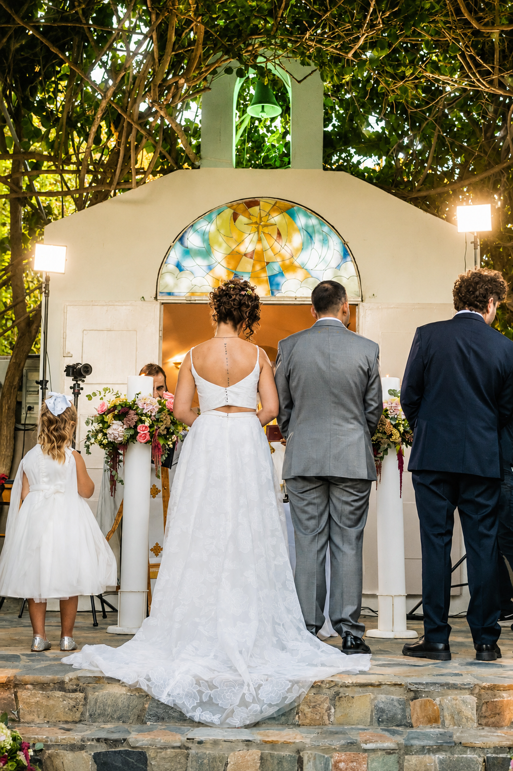 Bride and groom at the chapel altar during their wedding ceremony
