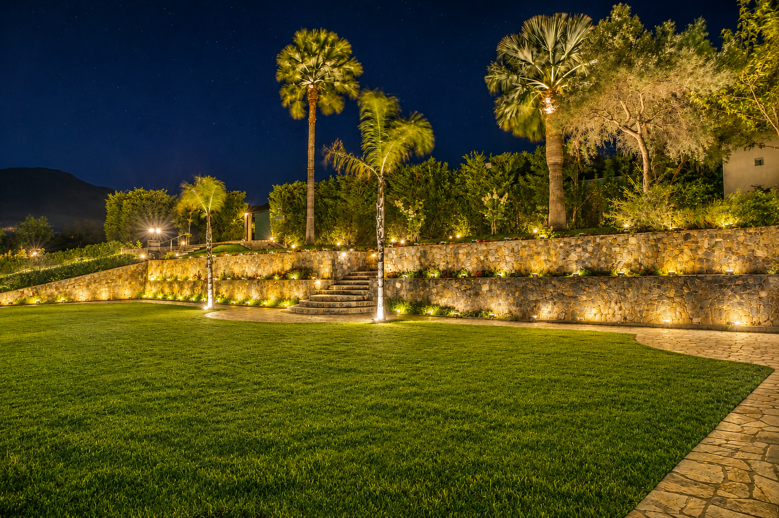 Lush garden levels with palm trees and uplighting at night